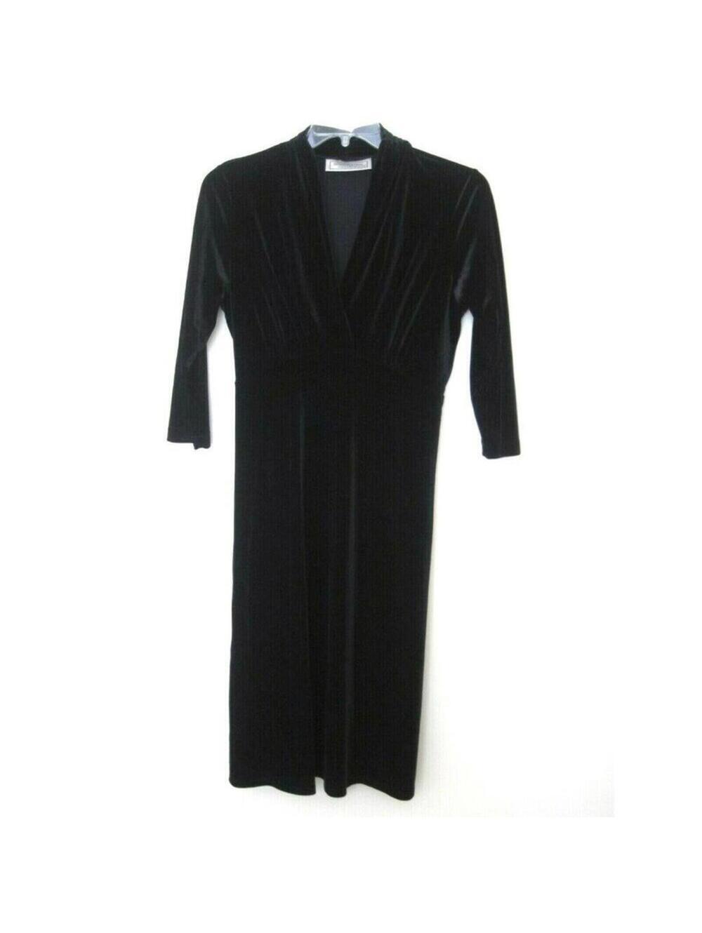 George Simonton Black Velvet Ruched Midi Dress Medium LBD V-neck 3/4 Sleeves - Picture 4 of 10